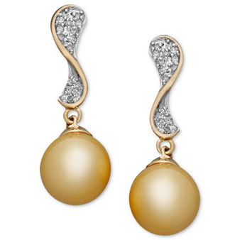 14k Gold Earrings, Cultured Golden South Sea Pearl (10mm) and Diamond (1/4 ct. t.w.) Wave Earrings