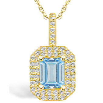 Aquamarine (1-3/8 Ct. T.W.) and Diamond (1/2 Ct. T.W.) Halo Pendant Necklace in 14K Yellow Gold