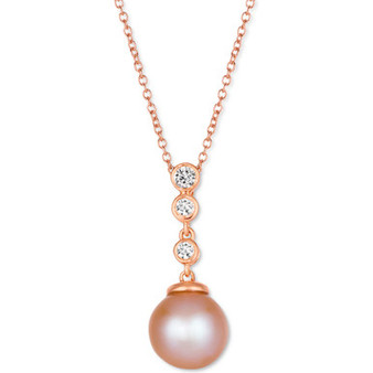 Strawberry Pearl (8mm) & Nude Diamond (1/10 ct. t.w.) Adjustable Pendant Necklace in 14k Rose Gold