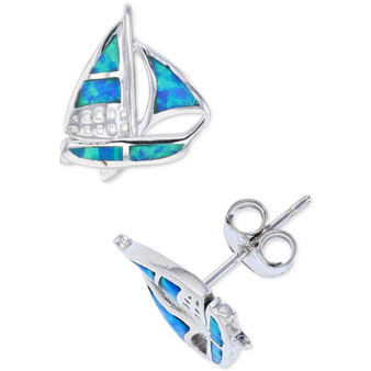 Lab-Created Blue Opal Sailboat Stud Earrings in Sterling Silver