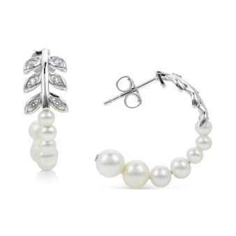 Cultured Freshwater Pearl (3 - 5-1/2mm) Graduated Leaf & White Topaz (1/10 ct. t.w.) Hoop Earrings in Sterling Silver
