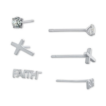 3-Pc. Set Cubic Zirconia & Faith-Themed Stud Earrings in Sterling Silver, Created for Macy's