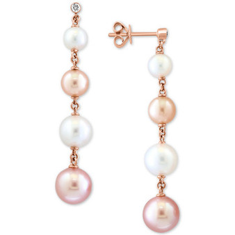 EFFY® Pink & White Cultured Freshwater Pearl (6-8mm) & Diamond (1/20 ct. t.w.) Drop Earrings in 14k Rose Gold