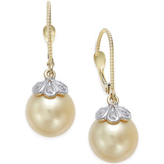 Cultured Golden South Sea Pearl (10mm) and Diamond Accent Earrings in 14k Gold