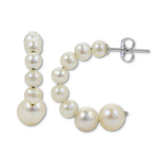 Cultured Freshwater Pearl (4 - 8mm) Graduated Small Hoop Earrings in Sterling Silver
