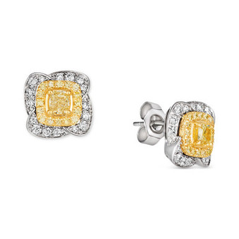 Sunny Yellow Diamond (5/8 ct. t.w.) & Vanilla Diamond (1/3 ct. t.w.) Double Halo Stud Earrings in Platinum & 14k Gold