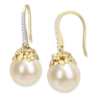 Cultured South Sea Pearl (9-10mm) & Diamond (1/8 ct. t.w.) Drop Earrings in 14k Gold