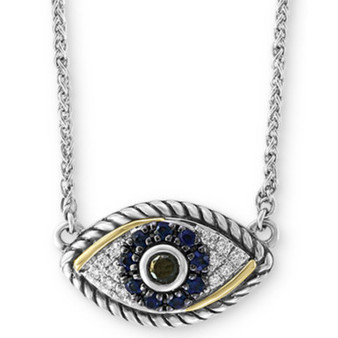 EFFY® Sapphire (1/6 ct. t.w.) & Diamond (1/8 ct. t.w.) Evil Eye 18" Pendant Necklace in Sterling Silver & 18k Yellow Gold