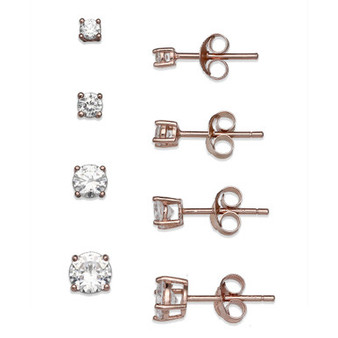 Cubic Zirconia 4-Pc. Set Graduated Stud Earrings in 18k Yellow or Rose Gold  over Sterling Silver