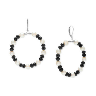 Cultured Freshwater Pearl (6mm) & Black Spinel (6mm) Circle Drop Earrings in Sterling Silver