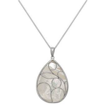 Caged Teardrop of Genuine White Mother of Pearl Pendant Set in Sterling Silver