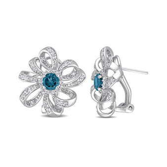 Sterling Silver Blue Topaz and White Topaz Flower Earrings