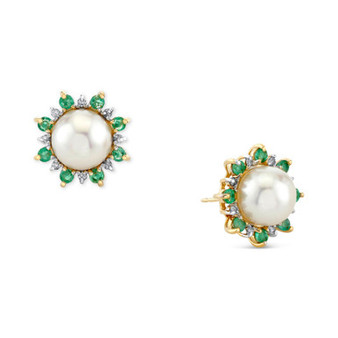 Cultured Freshwater Pearl (8mm), Emerald (5/8 ct. t.w.) & Diamond (1/8 ct. t.w.) Stud Earrings in 10k Gold