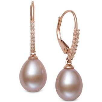 Pink Cultured Freshwater Pearl (8-9mm) & Diamond (1/10 ct. t.w.) Leverback Drop Earrings in 14k Rose Gold, Created for Macy's