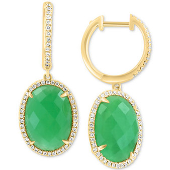 EFFY® Dyed Green Jade & Diamond (1/3 ct. t.w.) Oval Dangle Hoop Earrings in 14k Gold
