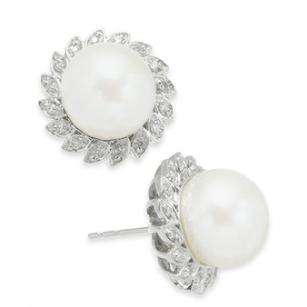 Cultured Freshwater Pearl (10mm) & Diamond (1/4 ct. t.w.) Halo Stud Earrings in 10k White Gold