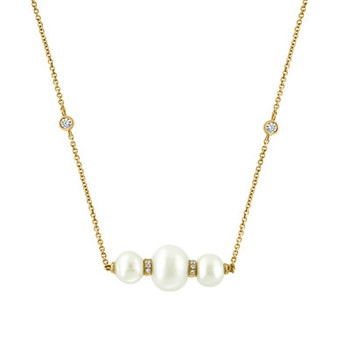 EFFY® Cultured Freshwater Pearl (8mm) & Diamond (1/10 ct. t.w.) Bar Pendant Necklace in 14k Gold, 18" + 1-1/2" extender