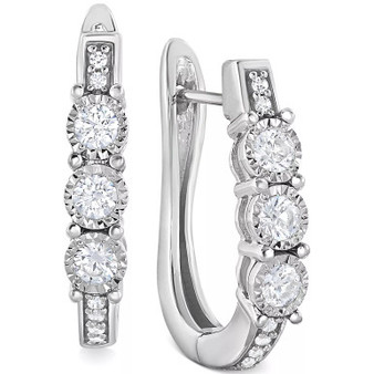 Diamond Three-Stone Hoop Earrings (1/2 ct. t.w.) in 10k White Gold