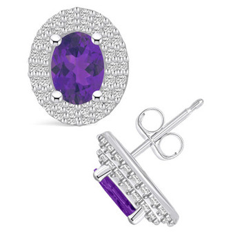 Amethyst (1-5/8 ct. t.w.) and Diamond (1/2 ct. t.w.) Halo Stud Earrings in 14K White Gold