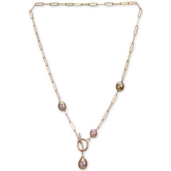 Pink Cultured Freshwater Pearl (10-13mm) Paperclip Link 21" Toggle Necklace in 18k Rose Gold-Plated Sterling Silver