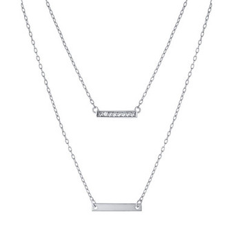 Double Layered 16" + 2" Cubic Zirconia Double Bars Chain Necklace in Sterling Silver