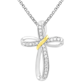 Diamond Cross 18" Pendant Necklace (1/4 ct. t.w.) in Sterling Silver & 14k Gold-Plate