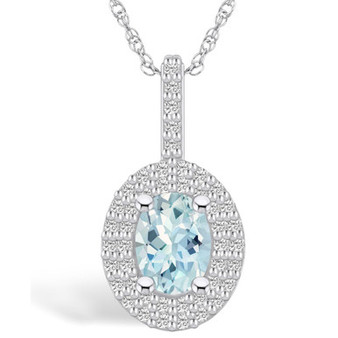 Aquamarine (1-1/7 Ct. T.W.) and Diamond (1/2 Ct. T.W.) Halo Pendant Necklace in 14K White Gold