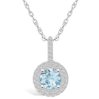 Aquamarine (1-1/4 Ct. T.W.) and Diamond (3/8 Ct. T.W.) Halo Pendant Necklace in 14K White Gold