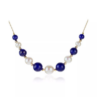 White Freshwater Cultured Pearls (6.5-9.5mm) with Blue Lapis (27 ct. t.w), and Gold Beads (3mm) 18" Necklace in 14k Yellow Gold. Also Available with Onyx and Turquoise