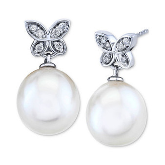 Cultured Freshwater Pearl (9mm) and Diamond (1/10 ct. t.w.) Butterfly Drop Earrings in 14k White Gold
