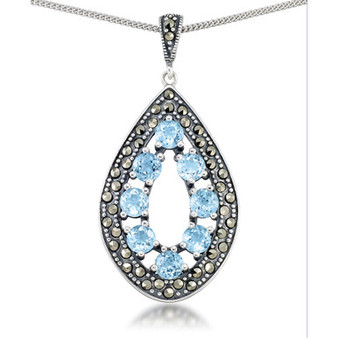 Blue Topaz (2-3/8 ct. t.w.) &  Marcasite Teardrop Pendant on 18" Chain in Sterling Silver