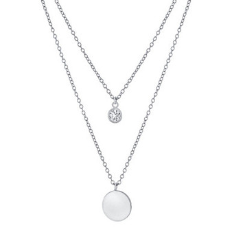 Double Layered 16" + 2" Cubic Zirconia Solitaire and 10mm Disc Chain Necklace in Sterling Silver