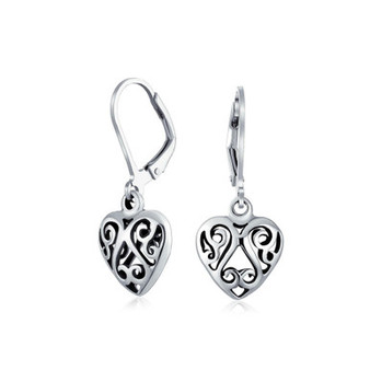 Open Lightweight Scroll Filigree Multi Heart Shape Puff Hearts Drop Dangle Earrings For Women Girlfriend Oxidized .925 Sterling Silver Lever back