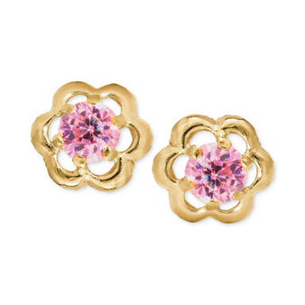 Children's Pink Cubic Zirconia Flower Screwback Stud Earrings in 14k Gold