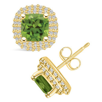 Peridot (2-1/5 ct. t.w.) and Diamond (3/8 ct. t.w.) Halo Stud Earrings in 14K Yellow Gold
