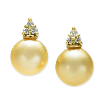 Cultured Golden South Sea Pearl (9mm) & Diamond (1/8 ct. t.w.) Stud Earrings in 14k Gold