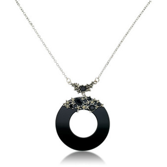 Marcasite and Onyx Disc and Faceted Onyx 18" Necklace in Sterling Silver