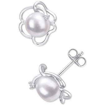 Cultured Freshwater Pearl (7-1/2mm) & Lab-Created White Sapphire Accent Flower Stud Earrings in Sterling Silver