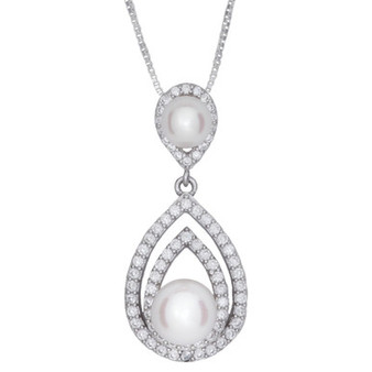 Cultured Freshwater Pearl (5 & 7mm) & Cubic Zirconia Teardrop 18" Pendant Necklace in Sterling Silver