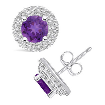 Amethyst (1-1/2 ct. t.w.) and Diamond (1/2 ct. t.w.) Halo Stud Earrings in 14K White Gold