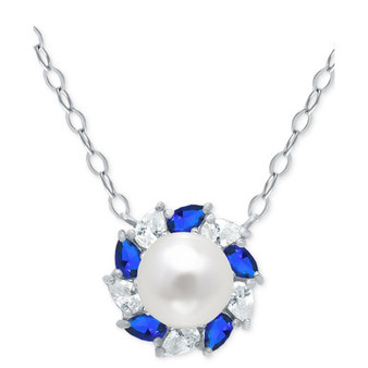 Freshwater Pearl (6mm), Lab-Created Blue Sapphire (1/6 ct. t.w.), & Cubic Zirconia Halo Pendant Necklace in Sterling Silver, 16" + 2" extender, Created for Macy's