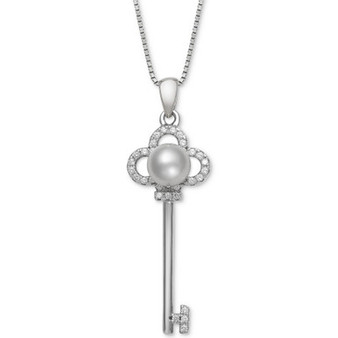 Cultured Freshwater Pearl (6mm) & Cubic Zirconia Clover Key 18" Pendant Necklace in Sterling Silver