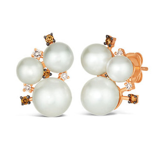 Vanilla Pearl (5-8mm) & Diamond (1/5 ct. t.w.) Trio Cluster Stud Earrings in 14k Rose Gold