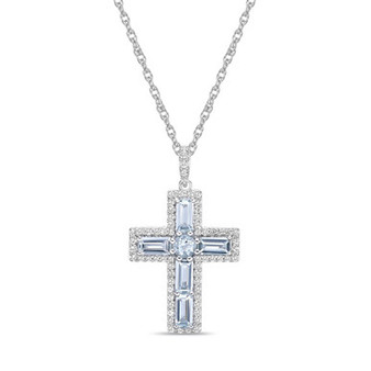 Sterling Silver Halo Birthstone Style Genuine Aquamarine and White Topaz Fancy Cut Cross Pendant Necklace