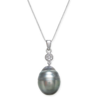 Cultured Black Tahitian Pearl (12 mm) and Diamond Accent Pendant Necklace in 14k White Gold