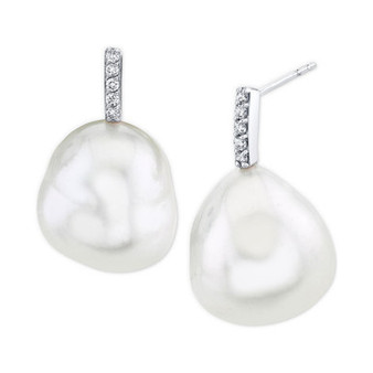 Cultured South Sea Baroque Pearl (12mm) & Diamond Accent Drop Earrings in 14k White Gold