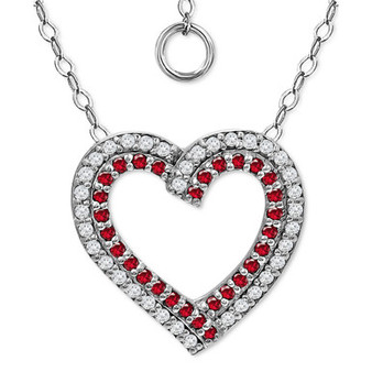 Lab-Created Ruby & Cubic Zirconia Heart Pendant Necklace in Sterling Silver, 16" + 2" extender, Created for Macy's