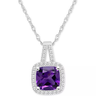 Amethyst (1-1/2 ct. t.w.) & Diamond (1/6 ct. t.w.) Cushion Halo 18" Pendant Necklace in Sterling Silver (Also in Citrine, Garnet, Peridot, & Blue Topaz)