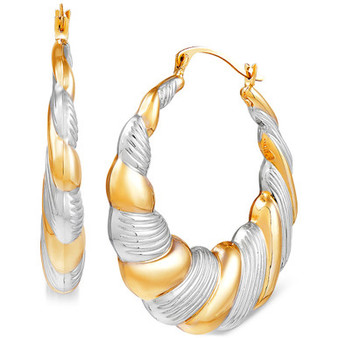 Scalloped Edge Two-Tone Puff Hoop Earrings in 14k Gold & Rhodium-Plate