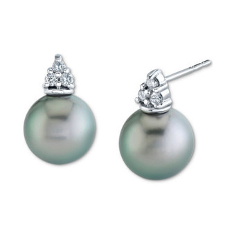 Cultured Tahitian Pearl (9mm) & Diamond (1/8 ct. t.w.) Stud Earrings in 14k White Gold